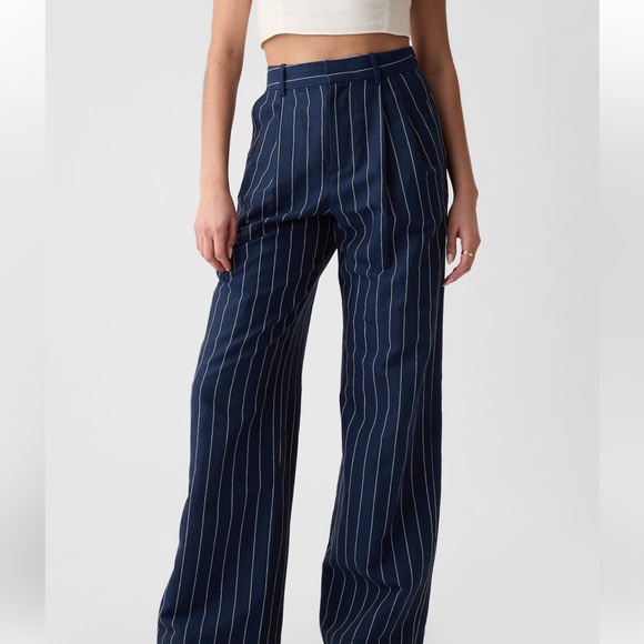 NWT Gap High Rise Linen-Cotton Trousers in Navy Pinstripe - Picture 3 of 9